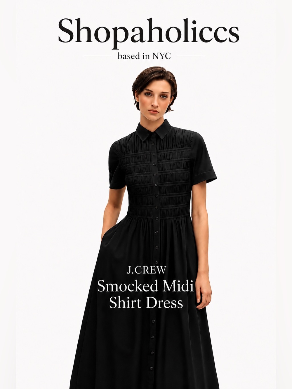 J.Crew Elsie Black Button-Front Short Sleeve Midi Dress